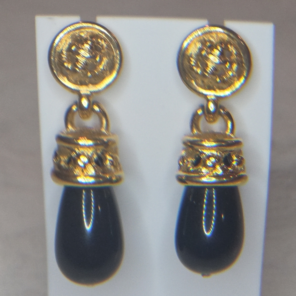 Vintage MONET Gold Tone Black Drop Pierced Earrings